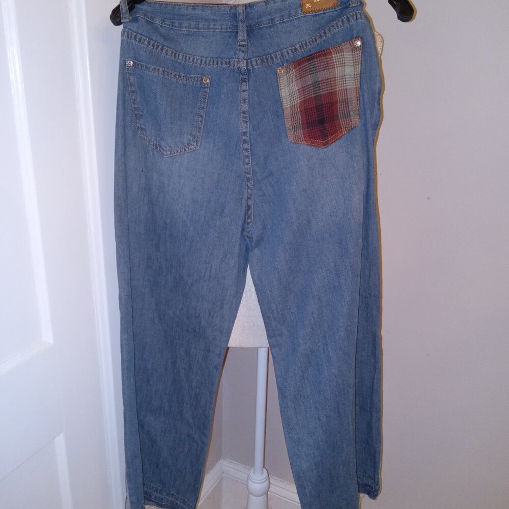 NWOT Womens POL Size Small Cropped Two Tone Wide Leg Jeans With Plaid Inside - Picture 3 of 7